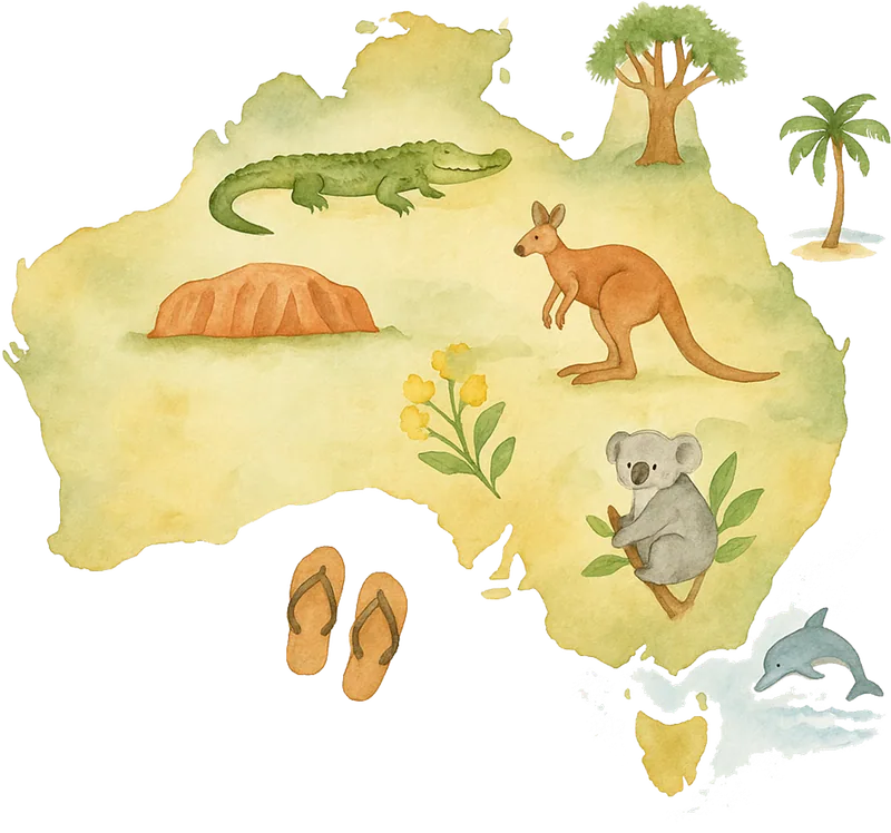 Watercolour illustration of Australia with native wildlife — kangaroo, koala, crocodile and Uluru — Stockman Sheds builds across the country